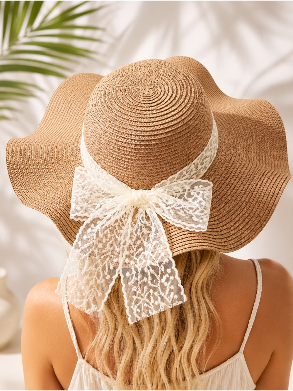 Women’s Wide Brim Straw Sun Hat with Lace Bow - Tan